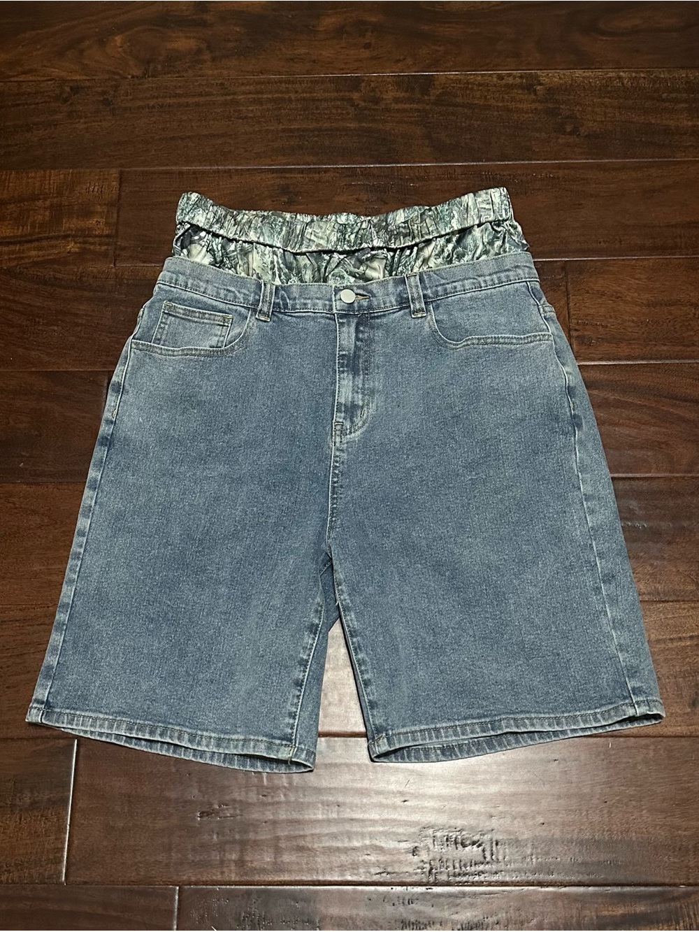 Men's Blue Denim Jean Shorts with Camo Elastic Waistband